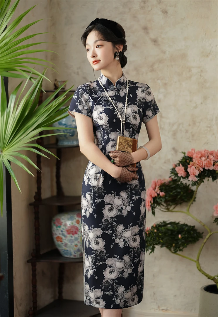 旗袍 长款 复古（衣长约120cm）凡花一墨  C463