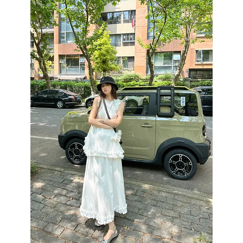 WANNANKE 肆意浪漫 褶皱荷叶边不规则背心上衣半裙衬衫套装