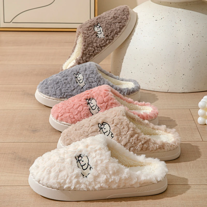 卡通小狗款棉拖鞋防水厚底加绒防滑保暖秋冬季毛绒居家冬天