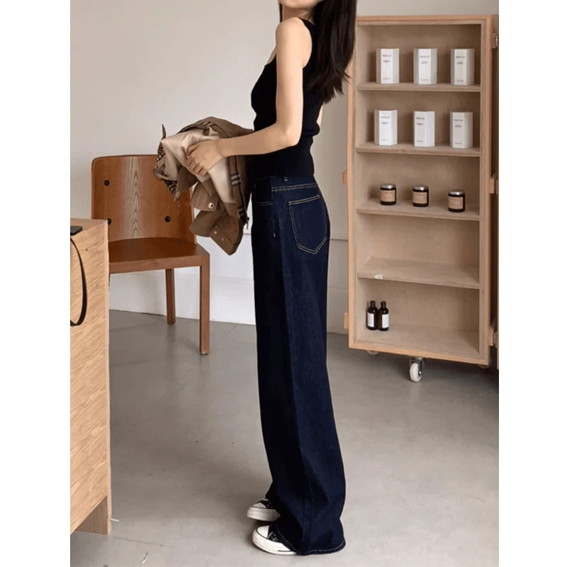深蓝色垂感阔腿牛仔裤女直筒宽松2025春季新款高腰显瘦直筒拖地裤