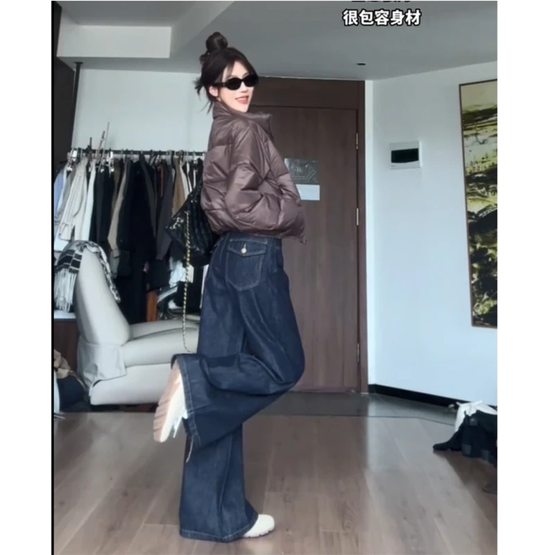 美式深蓝阔腿牛仔裤女春季新款高腰宽松显瘦百搭垂感直筒拖地裤子