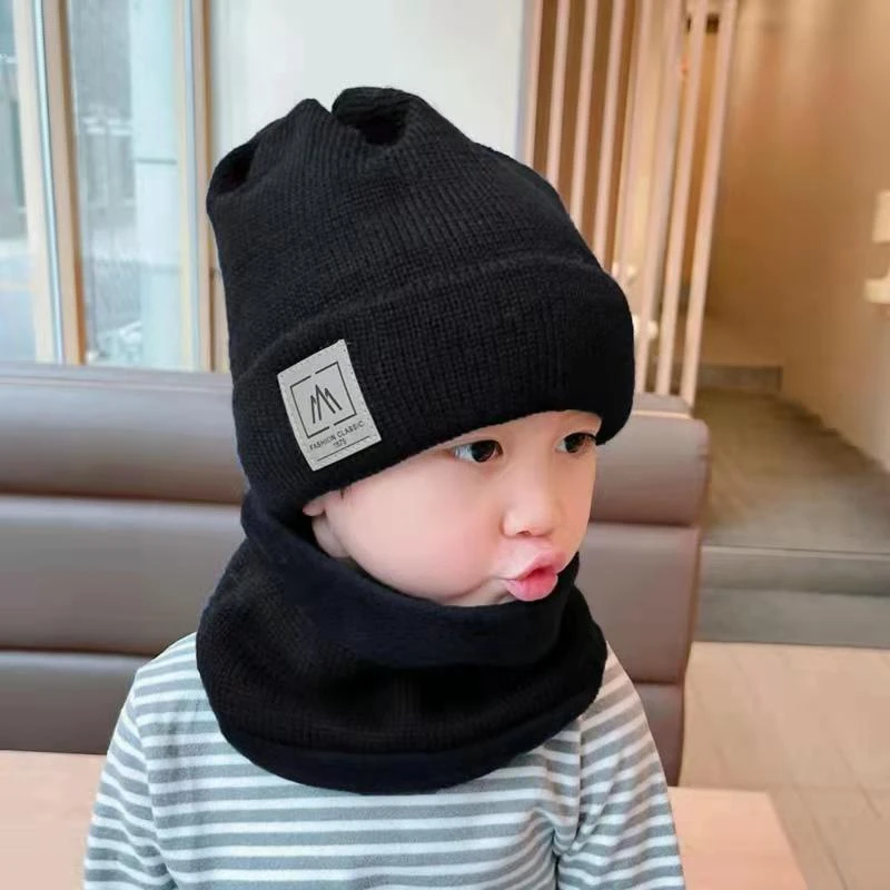 大童帽子秋冬季宝宝加绒护耳毛线帽儿童围巾一体套装56789岁