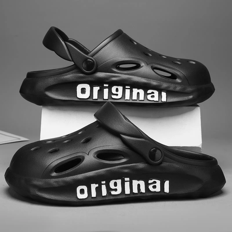 男士休闲运动版洞洞鞋外穿沙滩鞋夏季新款防滑厚底踩屎感半包拖鞋