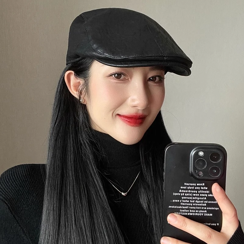 皮质黑色贝雷帽女秋冬季韩版个性复古英伦反戴前进鸭舌帽画家帽潮