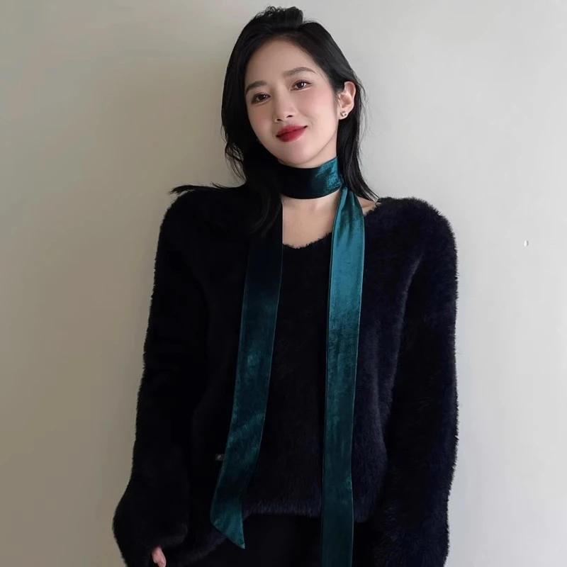 秋冬新款丝绒细窄长条缎面小丝巾围巾时尚纯色腰带百搭包带发箍女
