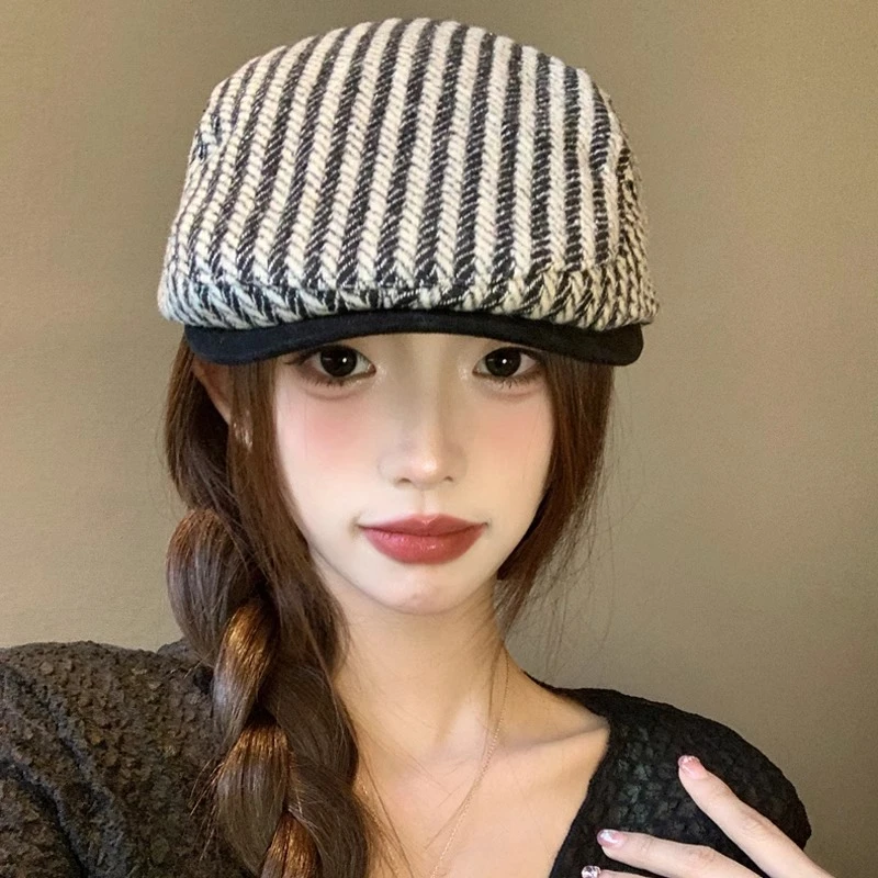 文艺复古条纹前进帽子女款秋冬季可反戴百搭画家帽潮显脸小贝雷帽