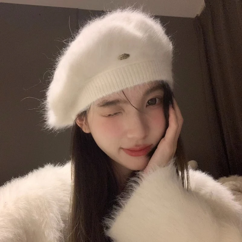 兔毛毛绒贝雷帽女秋冬季时尚百搭蓓蕾帽纯色显脸小画家帽冷帽潮