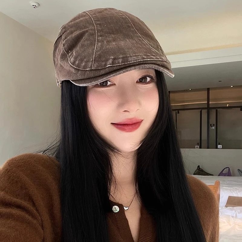 简约文艺反戴牛仔前进帽子女秋冬日系贝雷帽百搭复古报童帽画家帽