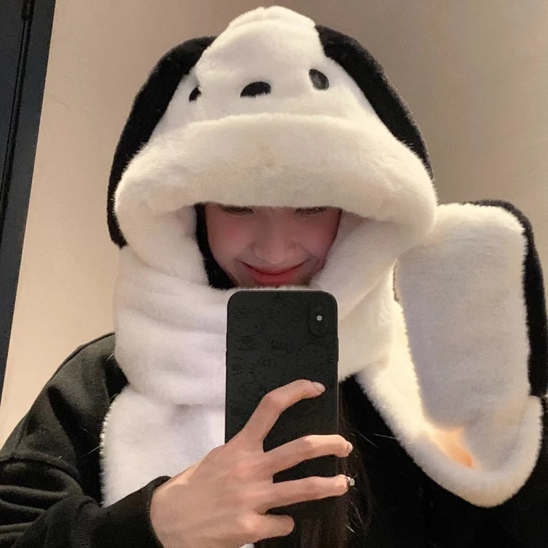 帽子围脖手套一体三件套秋冬季女新款甜美可爱小狗保暖毛绒围巾