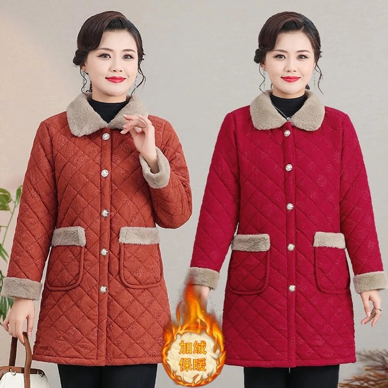妈妈装棉衣女中长款宽松大码洋气棉服中老年冬季外套加绒加厚棉袄