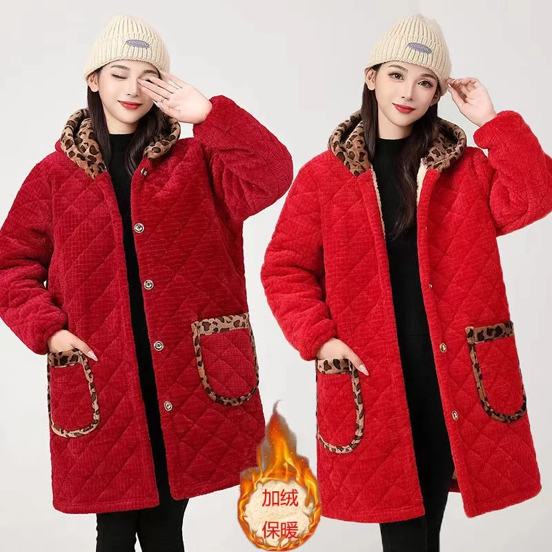 冬季新款加厚棉服罩衣中老年妈妈加绒保暖外穿棉袄外套中长款棉衣