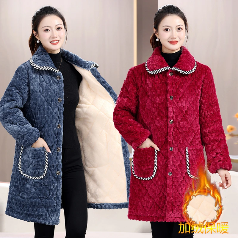 冬季加厚加绒夹棉中长款棉服工作服女棉袄保暖罩衣防寒外套棉衣