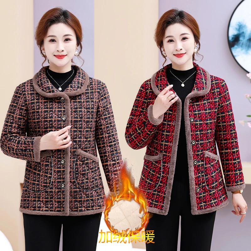 2024新款妈妈装冬季格子棉袄加绒加厚棉衣外套中老人女短款棉服
