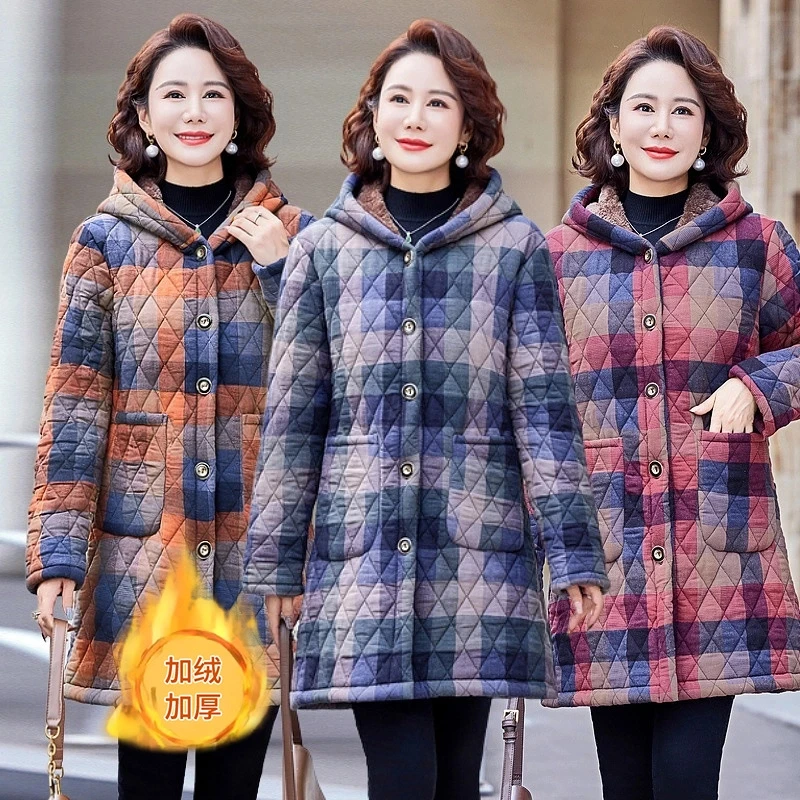 妈妈冬装棉服女外套中长款加绒加厚棉袄中老年人时尚格子连帽棉衣