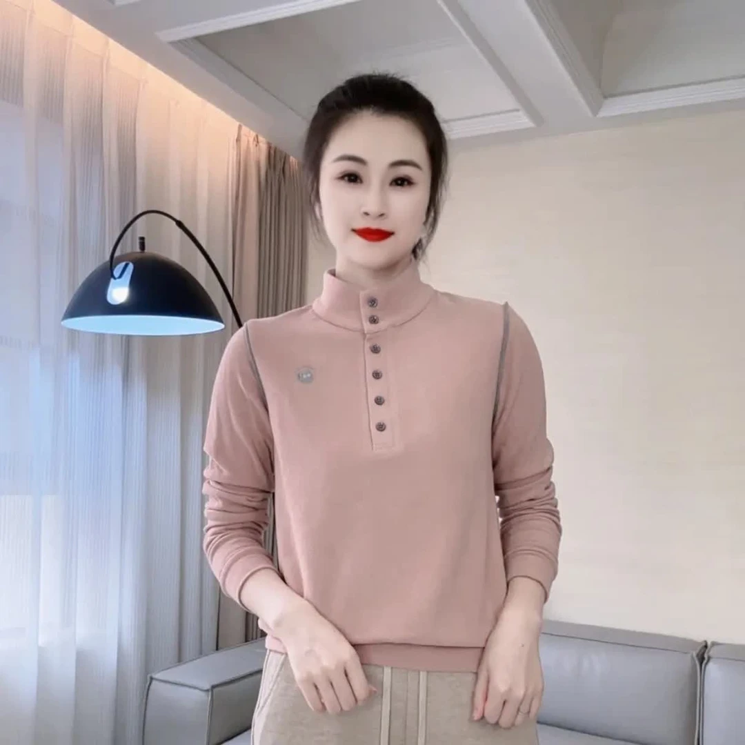 秋冬款气质百搭扣子设计感澳绒德绒拼色衬衫打底衫时尚洋气小衫女