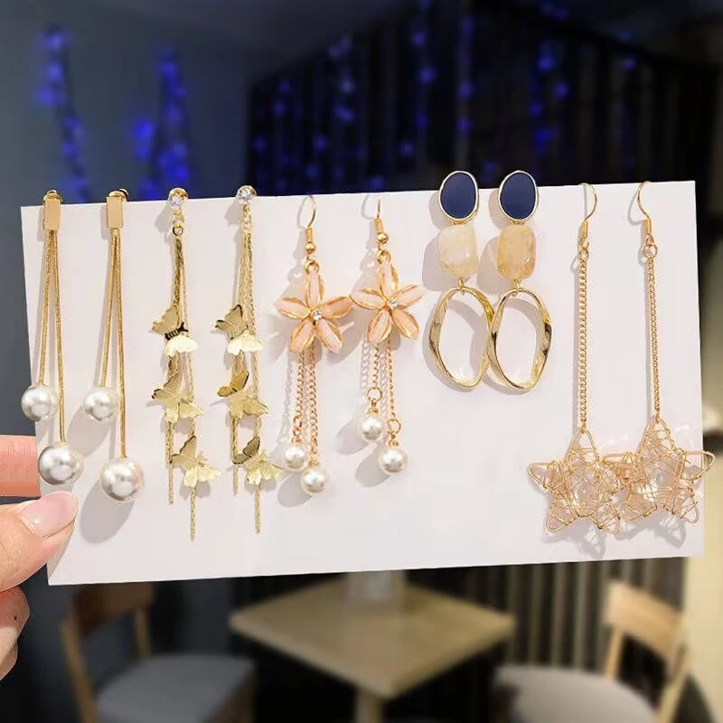 合金耳饰 【多件套】四季小清新耳环气质仙女优雅耳钉坠流苏仙气ins