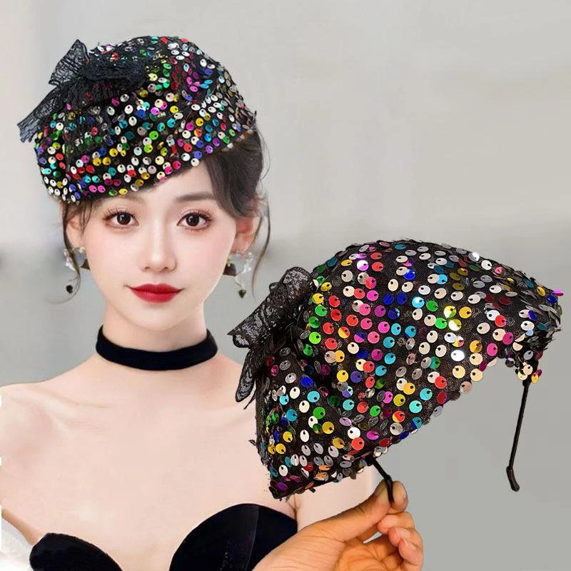 复古夏季百搭女网红透气纱鱼鳞亮片半帽发箍洋气遮白发头箍头饰