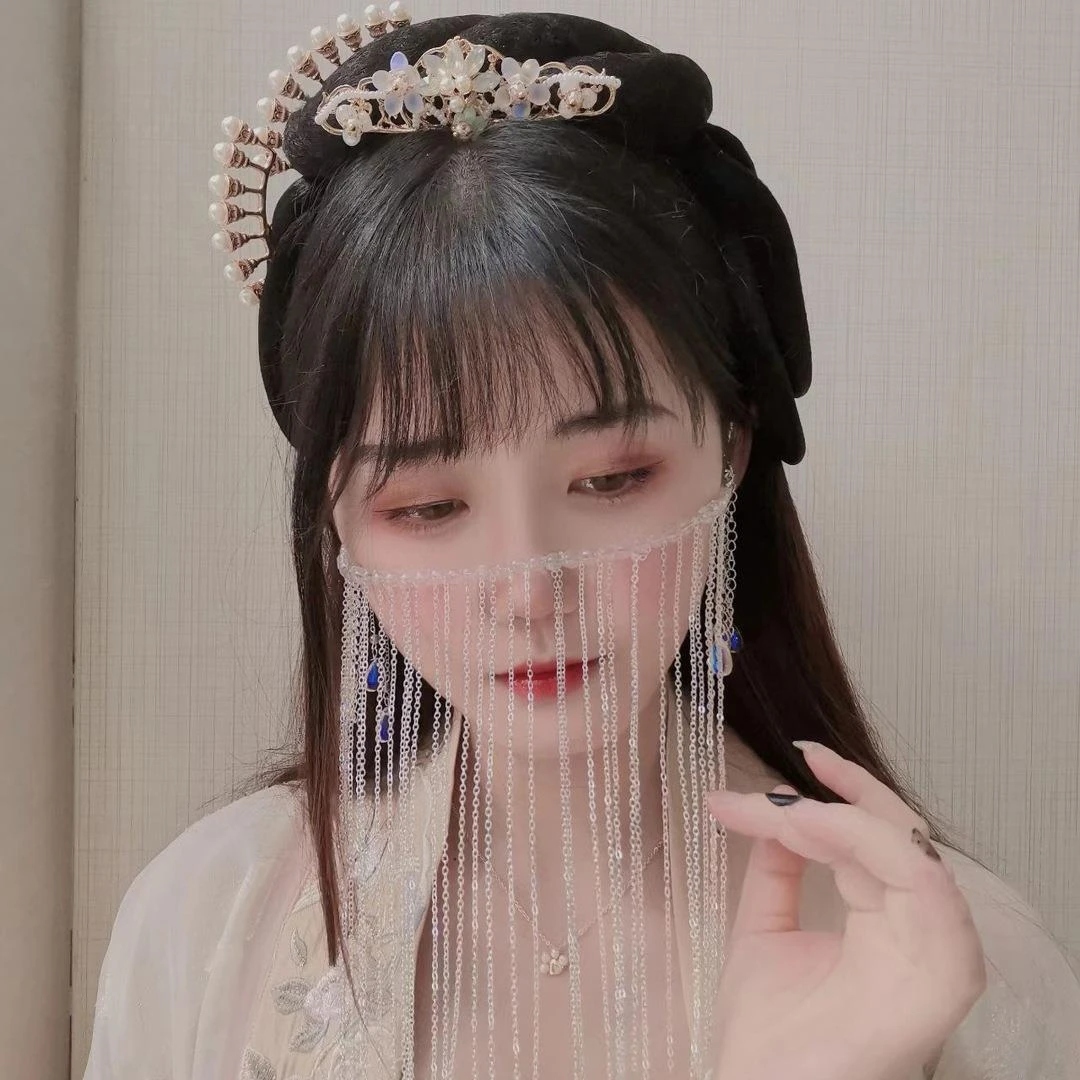 古风面帘汉服配饰流苏面纱古装发饰超仙发链幻彩耳挂西域公主脸饰