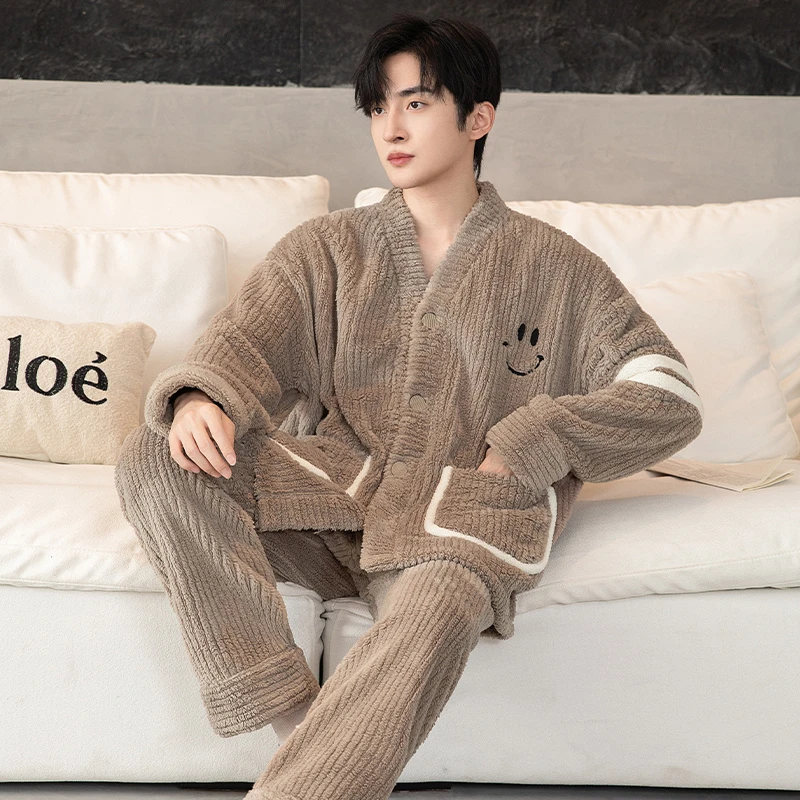 睡衣男秋冬季2024新款珊瑚绒保暖家居服加绒加厚法兰绒可外穿套装