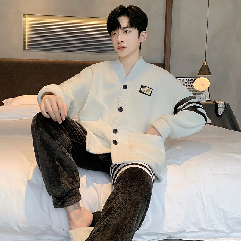 睡衣男秋冬季可外穿2024新款珊瑚绒保暖家居服加绒加厚法兰绒套装