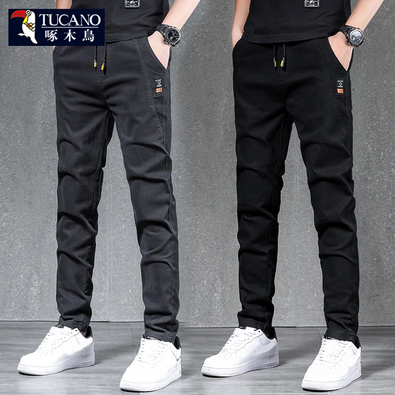 啄木鸟秋冬新款休闲裤男士修身直筒裤子男款加绒加厚小脚显高长裤