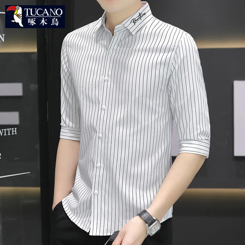 啄木鸟条纹短袖衬衫男士夏季新款冰丝休闲七分袖衬衣透气中袖寸衫