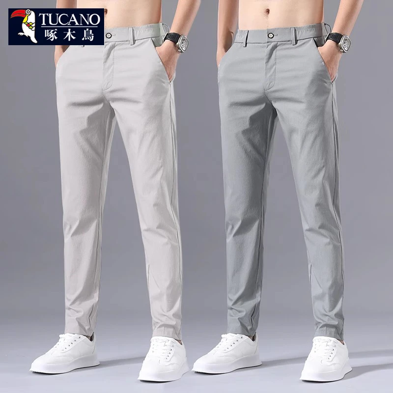 啄木鸟浅色休闲裤男士秋季新款弹力百搭西裤男修身直筒运动长裤子