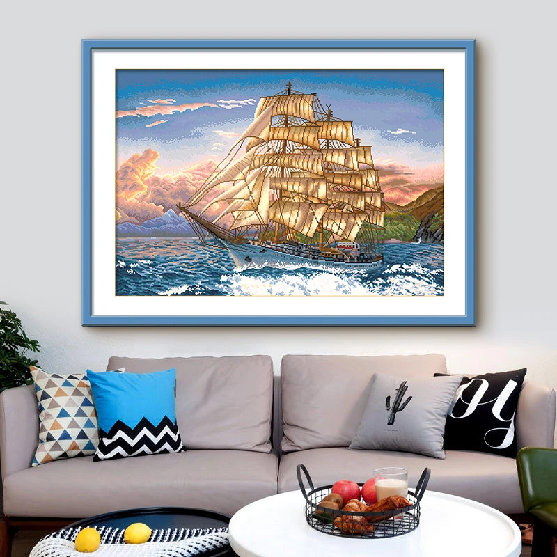 ks十字绣一帆风顺海上船自己绣手工棉线76色满绣清新印花简约套件