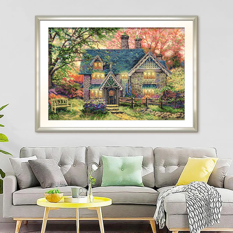 ks十字绣秋日别墅客厅卧室挂画自己绣手工棉线满绣清新印布