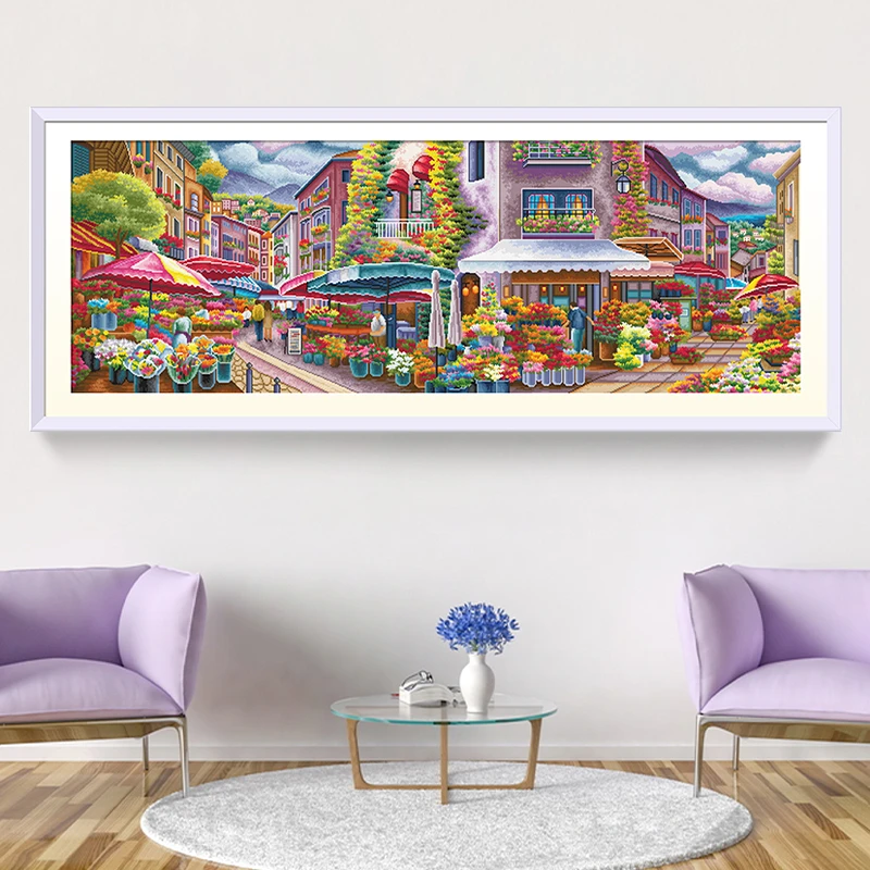 KS十字绣浪漫花市花街花卉风景满绣124色简约无勾边欧式现代清新