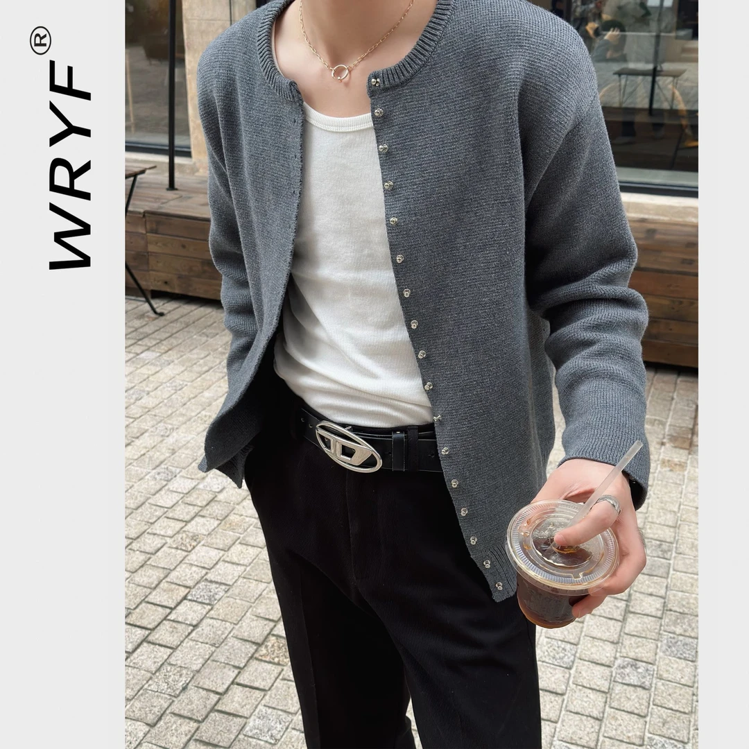 WEILSZO井宝 秋冬设计师款 灰色铆钉 高级感百搭针织毛衣开衫