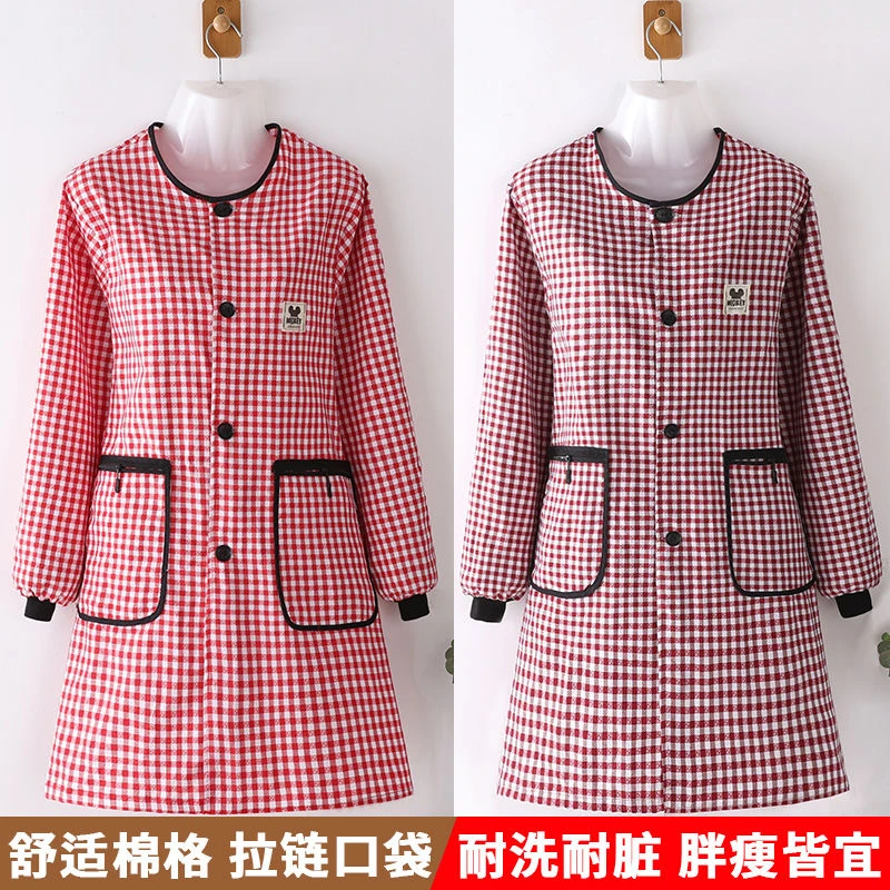 新款时尚长袖拉链口袋正穿罩衣厨房干活外穿防污耐磨透气棉布围裙