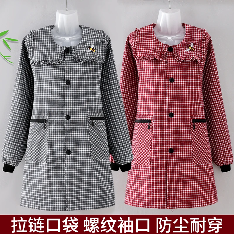 洋气大方棉布围裙防污防尘翻领耐磨刺绣罩衣成人均码家用外穿正穿