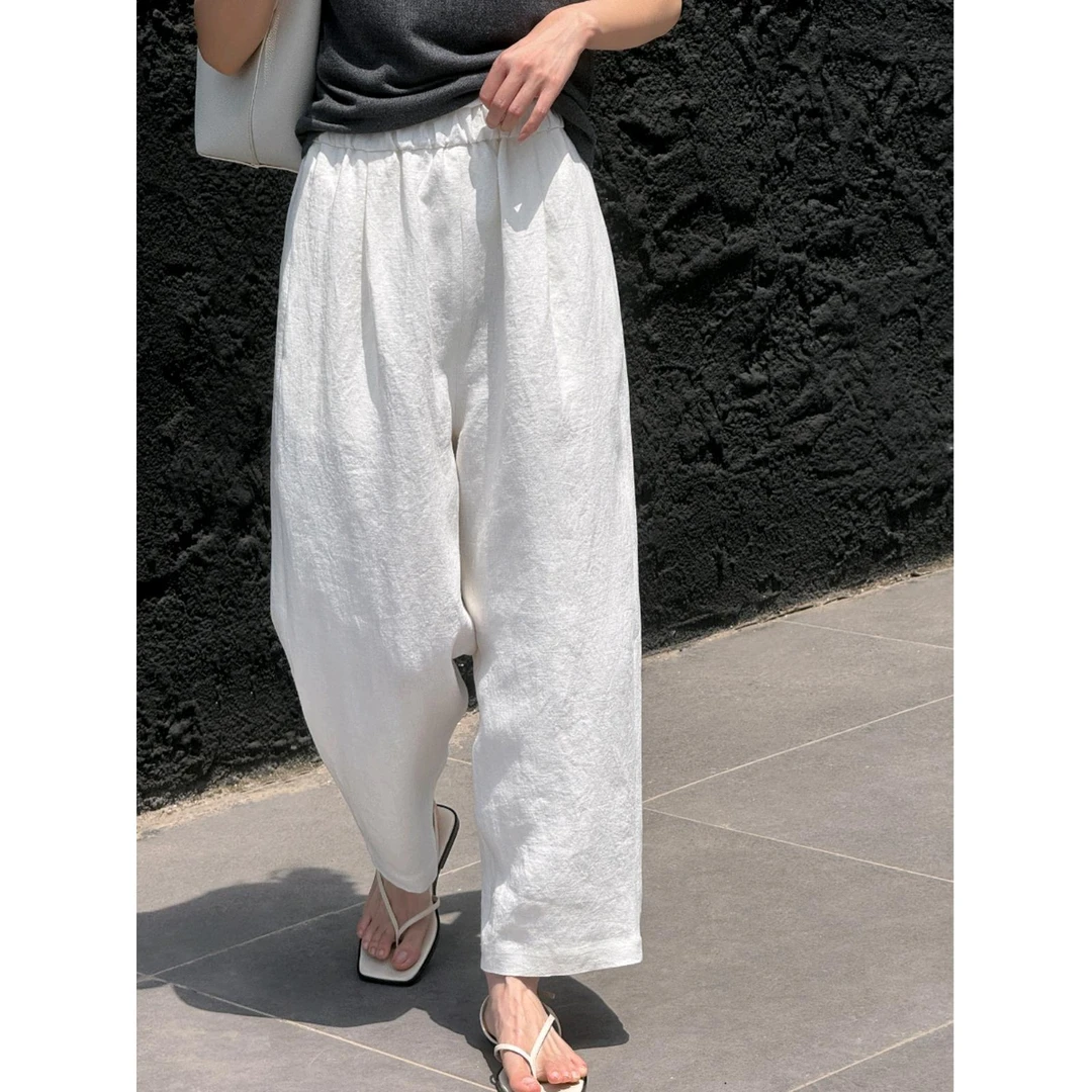 春夏季新品白色砂洗汉麻松紧腰白色气球裤休闲裤女24156