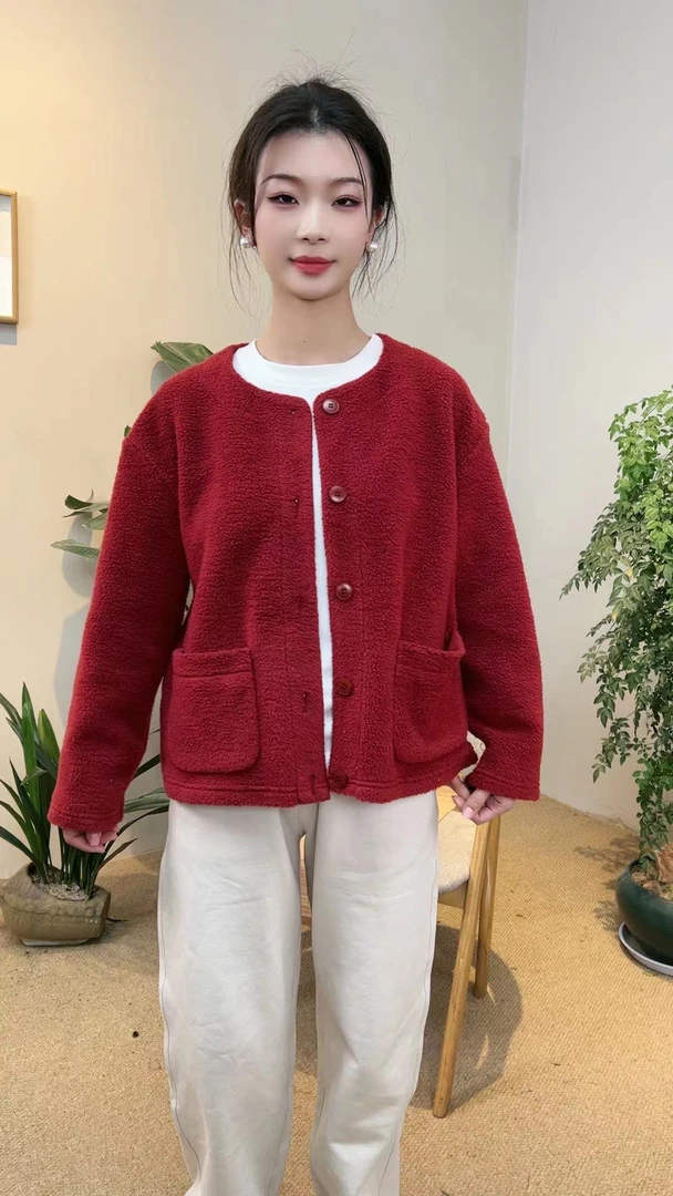 【糯绒】春秋款小奶猫摇粒绒外套圆领单排扣开襟贴袋复古上衣1088