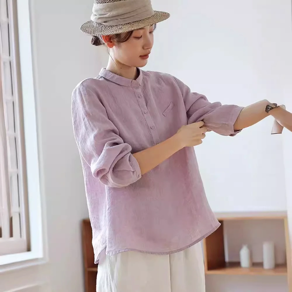 遵循本心 细色织亚麻 套头春日衬衫女新款上衣宽松1032