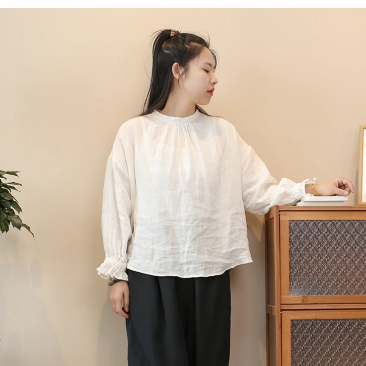 【白栀】白色亚麻短袖衬衫女文艺复古宽松衬衣气质前后双面穿2017