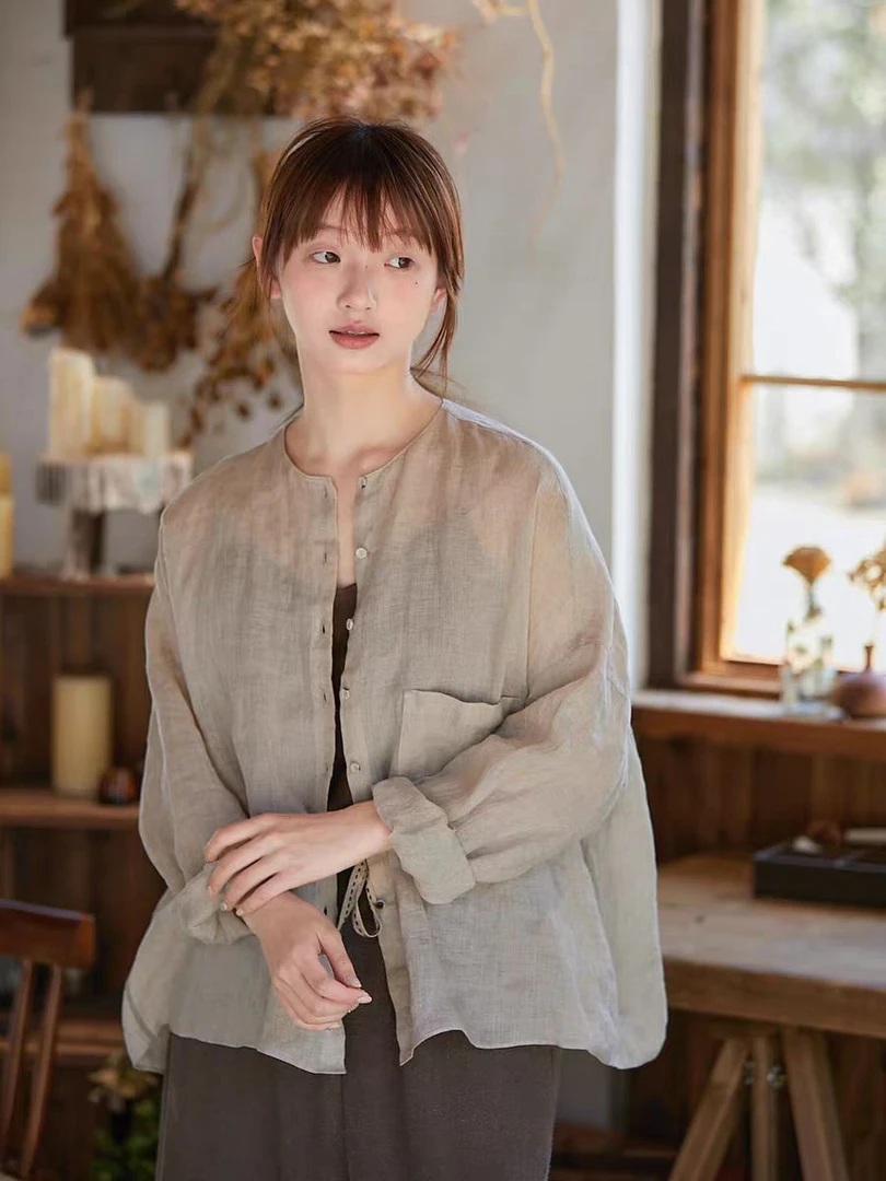 春夏色织雨露麻纱圆领开襟松弛大衬衫休闲宽松长袖衬衣24029