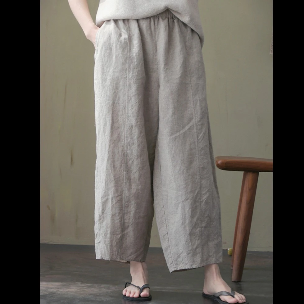 亚麻雨露麻松紧腰宽松休闲萝卜裤打座裤复古百搭九分裤2218