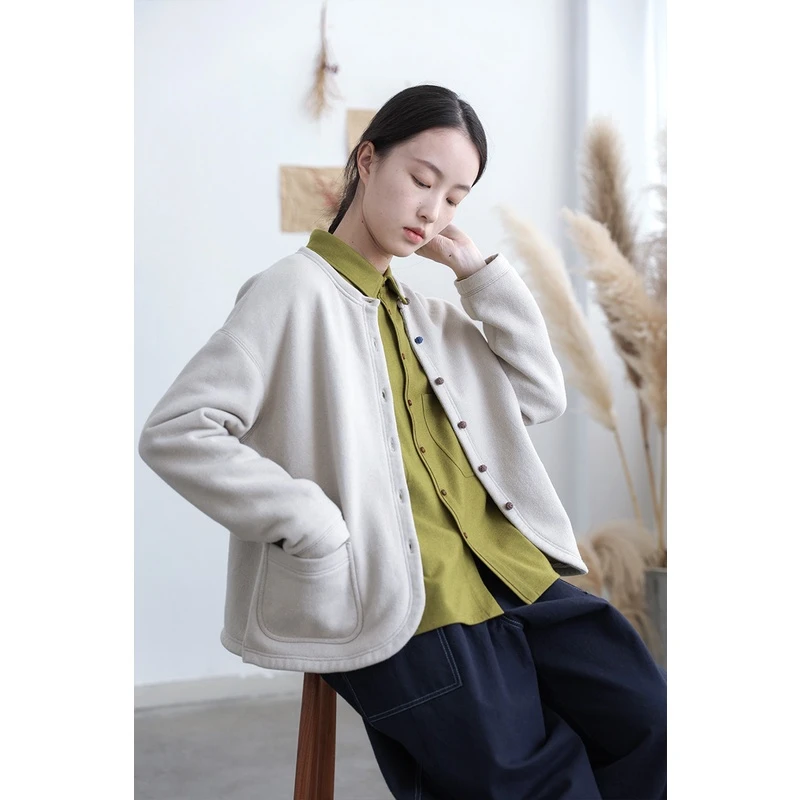 【天冬】春秋磨毛针织棉米灰圆领开衫外套拼接撞色休闲卫衣22282