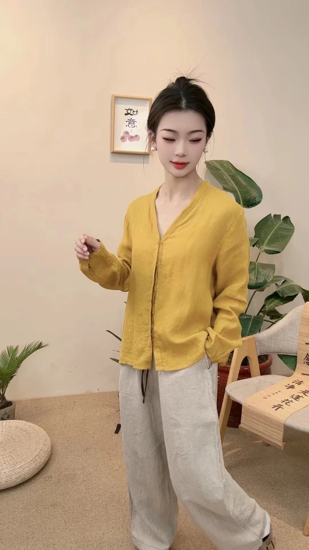 【卷柏】春夏亚麻文艺复古休闲V领衬衫小众别致百搭显瘦小衫21135