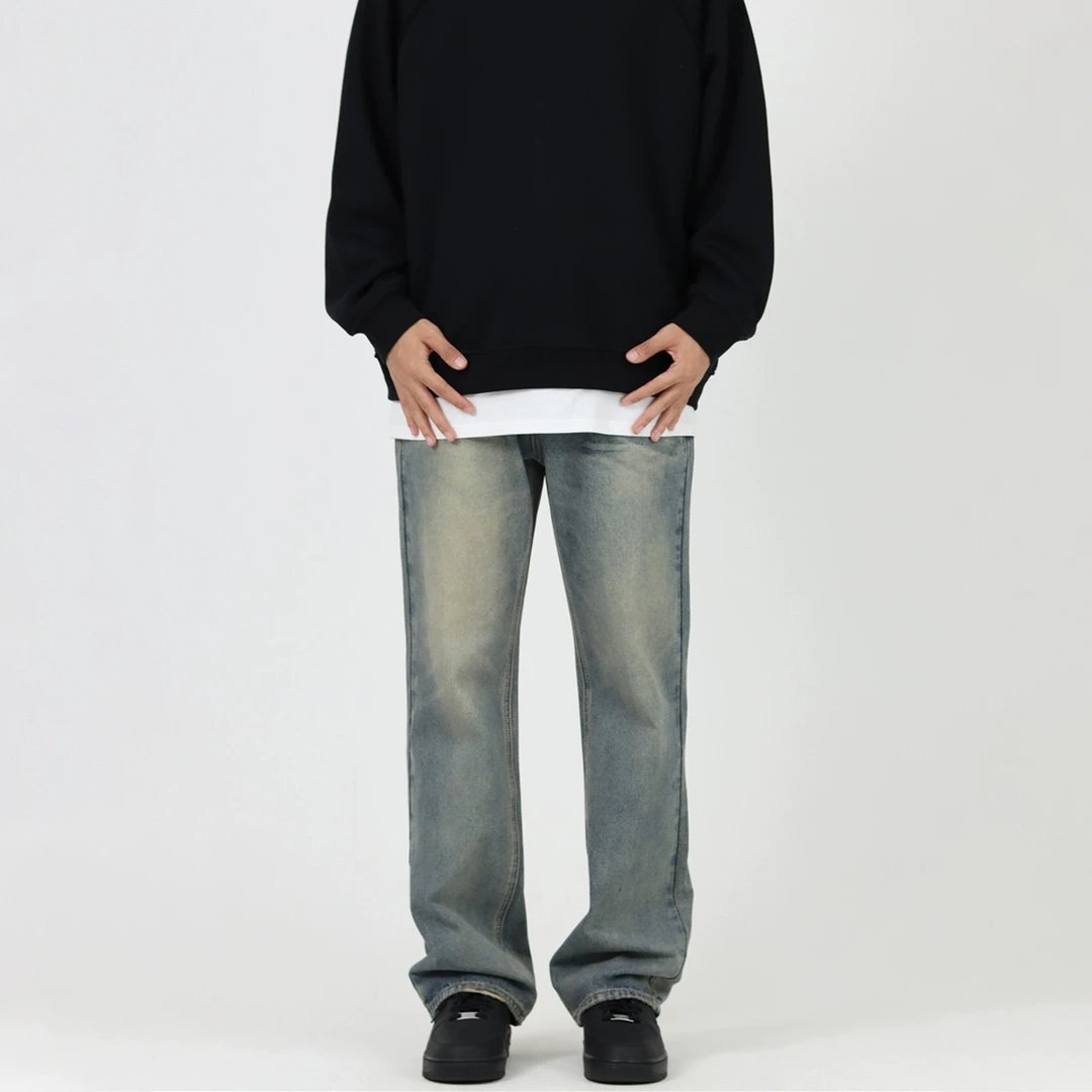 Cezphison复古做旧蓝微喇叭牛仔裤直筒休闲长裤cleanfit裤子男女