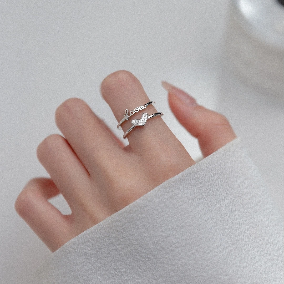 钛钢合成锆石戒指 小众爱心ins个性字母Love个性开口可调节戒指女