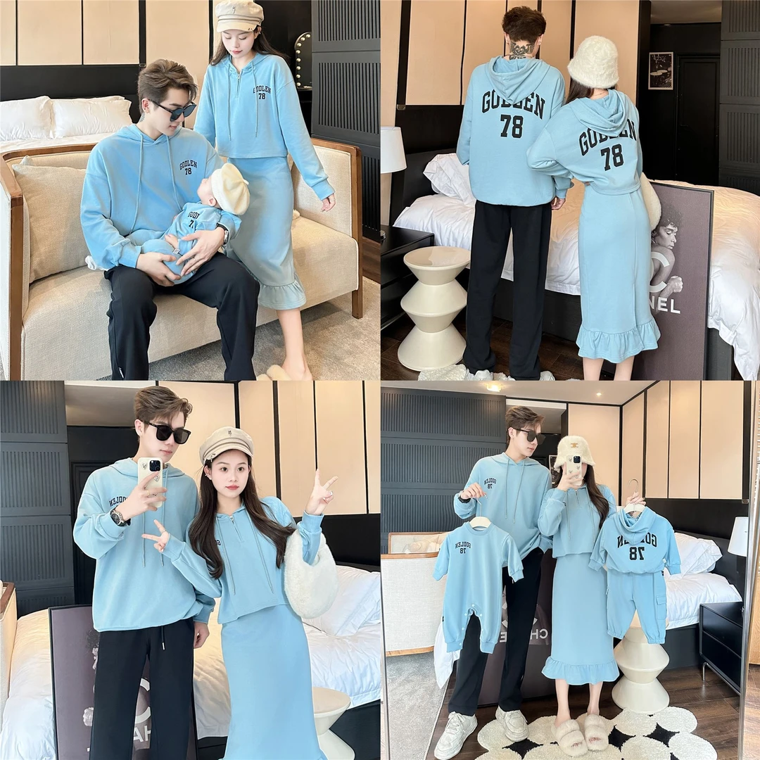 韩版母女裙2024秋装一家三口婴儿全家装母子套装蓝色字母连帽卫衣