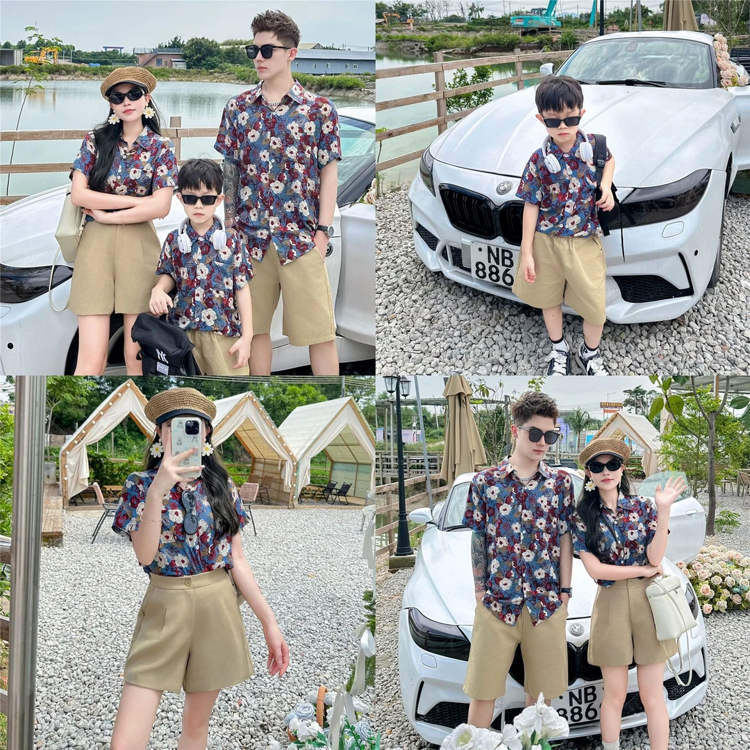 洋气度假亲子装花衬衫夏季一家三口新款男女宝宝上衣复古短袖衬衣