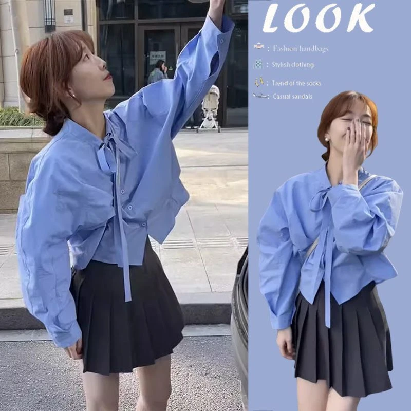 今年流行穿搭一整套2024新款绑带长袖减龄衬衫时尚百褶裙两件套装