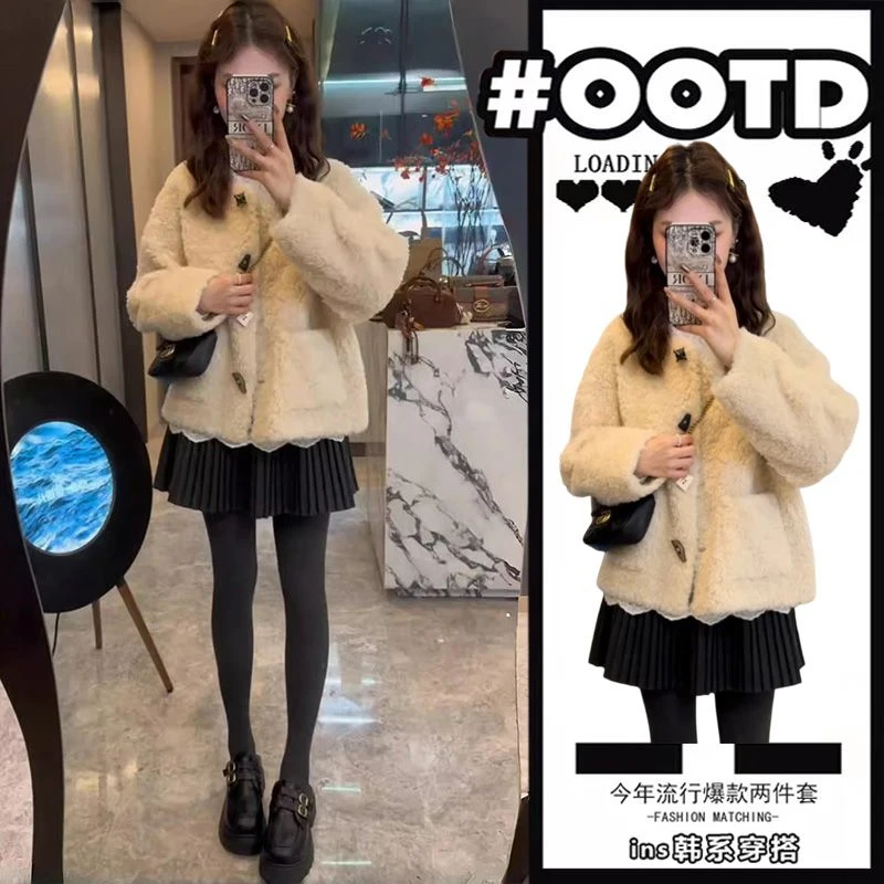 冬季穿搭女2024新款爆款韩版加厚软糯百搭外套显瘦百褶裙两件套装