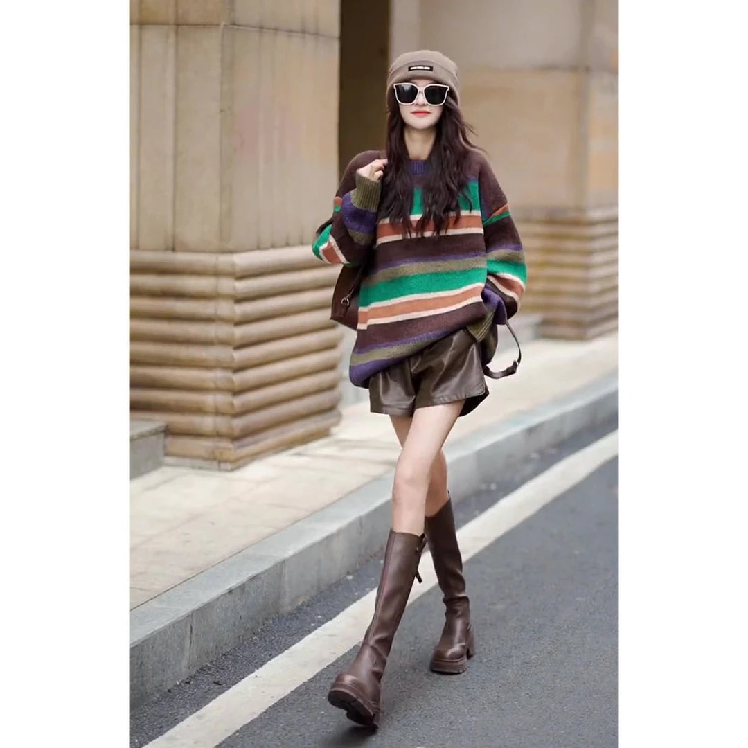 秋装女款爆款2024新款潮流百搭条纹撞色针织衫时髦休闲短裤两件套