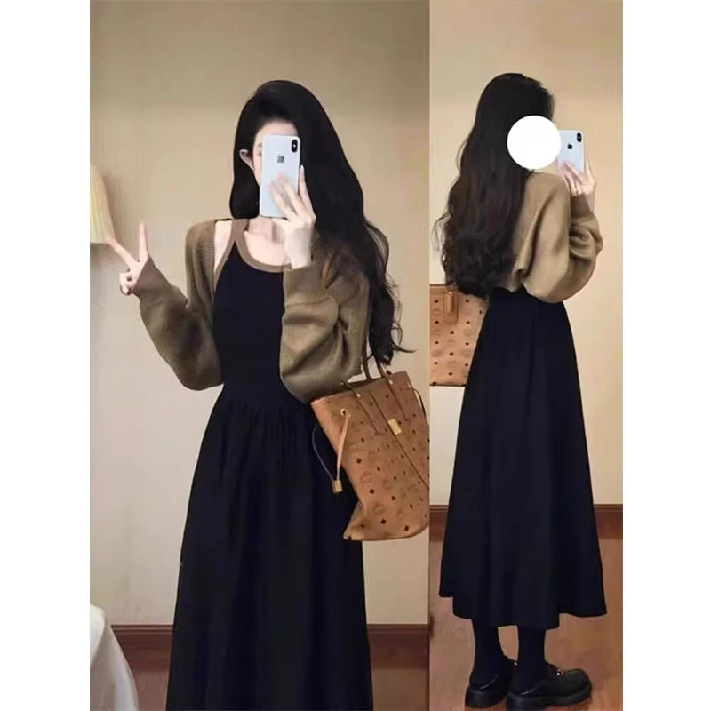 秋季搭配一整套女2025新款时尚高级感披肩开衫吊带连衣裙两件套装