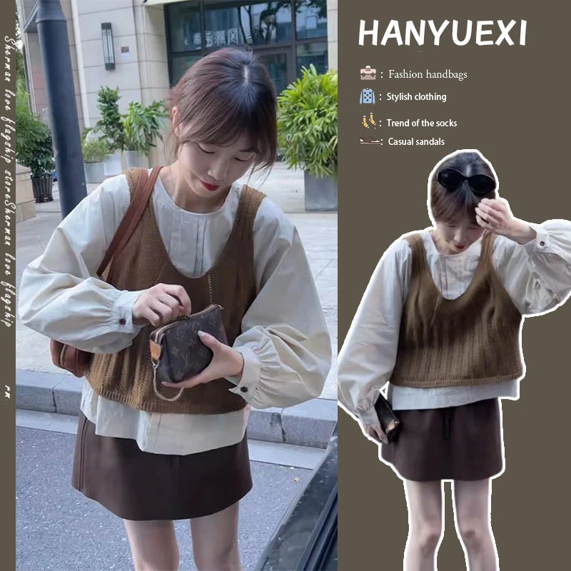 春季穿搭一整套女2025新款韩版百搭衬衫针织马甲时尚短裙三件套潮